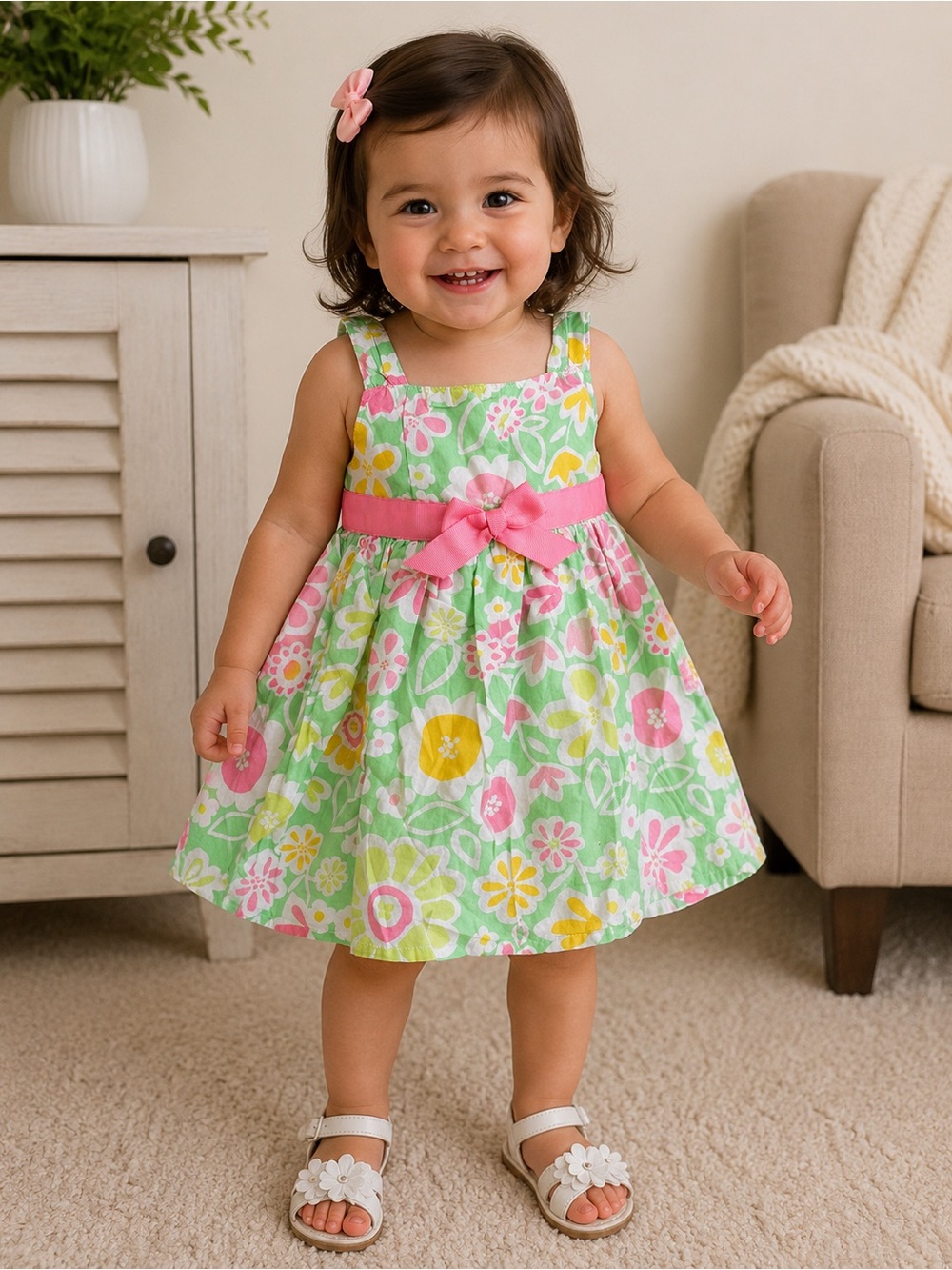 okie dokie Green Floral Dress with Pink Bow